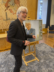 903592 Afbeelding van kunstschilder Nico Heilijgers bij het door hem vervaardigde portret van scheidend burgemeester ...
